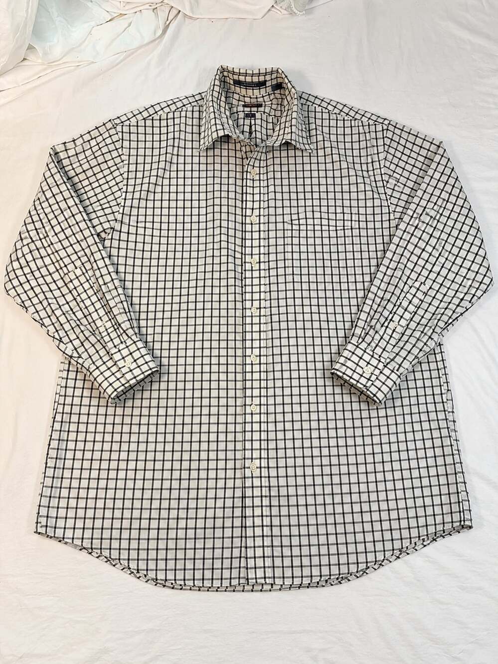 Overton Men's Long Sleeve Button Down Shirt White and Black Check 100% Cotton